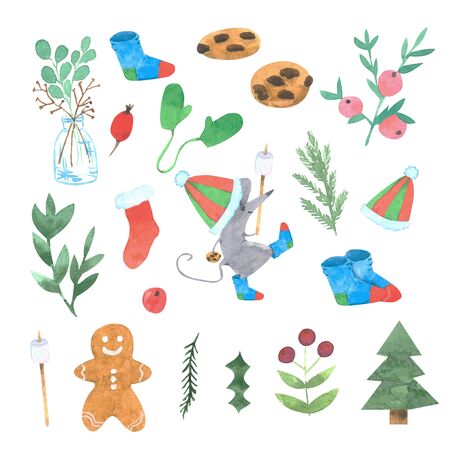 Watercolor Christmas decorations set with fir branches and mouse, berries, hat, socks, cookies, and Christmas tree. Illustration for holiday design isolated on a white background.の写真素材