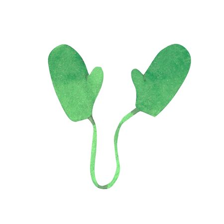 Cute knitted mittens, green colored with snowflake pattern. Winter accessory to protect hands from cold weather. Handdrawn watercolor graphic illustration on white background, isolated clipart element.の写真素材