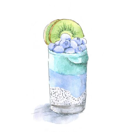 Healthy smoothie drink in a glass watercolor. Blue and green smoothie with chia seeds. isolated background. aquarelle. 
Cocktail with kiwi and blueberriesの写真素材
