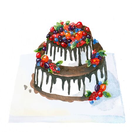 Watercolor illustration. Drawing of a cake with chocolate and berries. Sweet dessert. Element for design. On an isolated backgroundの写真素材