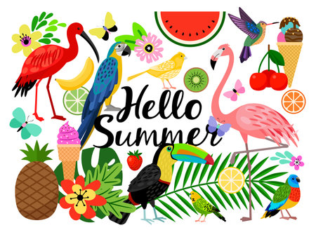 Hello Summer set with flamingo, parrot, ice cream and flowers