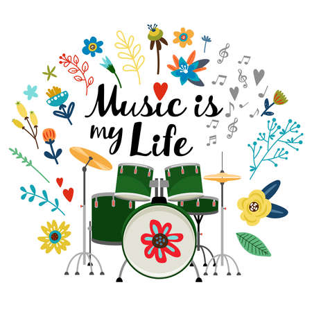 Greeting card with drums, flowers and twigsのイラスト素材