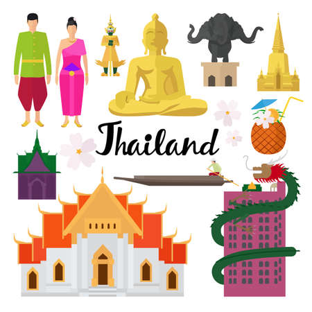 Set of Thailand Landmarks and traditional costumeのイラスト素材