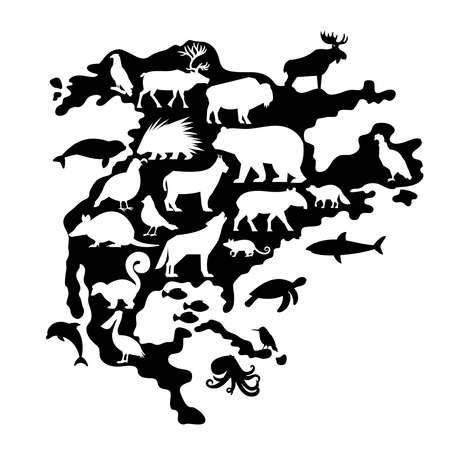 Black silhouettes of different Animals and Birds on North America Mapのイラスト素材