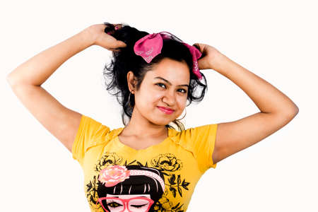 female model in yellow tshirtの写真素材