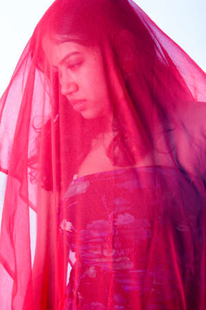indian female model in red veilの写真素材
