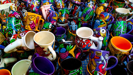 A captivating close-up shot of hand-painted cups, mugs, clay pots, wooden stools, tables, and...
