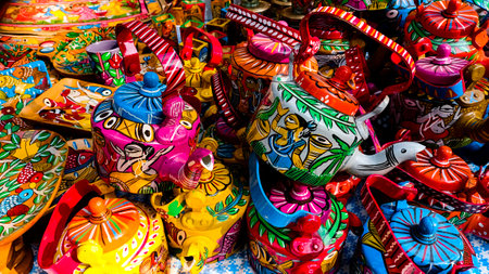 A close-up shot of hand-painted metal kettles crafted by artisans from the villages of India.Each kettle is of a different color and a different design each hand painted and has vibrant colors. The image captures the vibrant colors and intricate patterns of each item, showcasing the rich cultural heritage and creativity of rural India.の写真素材