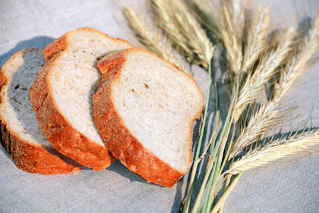pieces of fresh soft bread with cereal ears on linenの写真素材