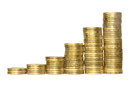 Business chart is made from golden coins, shows an increase, isolated