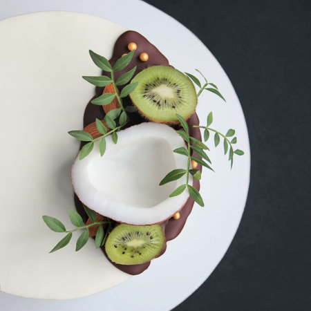Beautiful tropical Cake with chocolate island with coconut and kiwi on a dark backgroundの写真素材