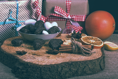 Christmas gingerbread cookies with chocolateの写真素材