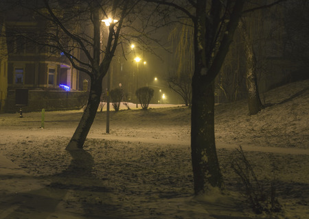 Small town by snowy nightの写真素材