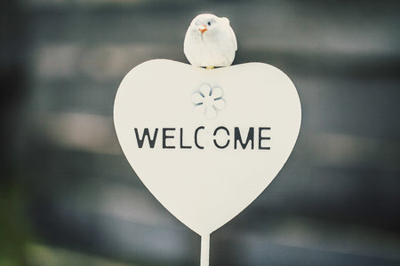 Beautiful wooden heart in white with a bird on topの写真素材