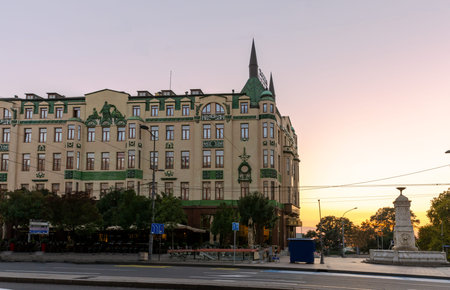 Belgrade, Serbia - October 17, 2020: Hotel Moscow in Belgrade, Serbia; Setting sun in Belgrade...