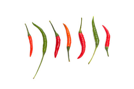 Red and green chilli peppers on the white backgroundの写真素材