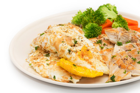 Diet food, Clean Eating, Chicken Steak with Eggs on white backgroundの写真素材