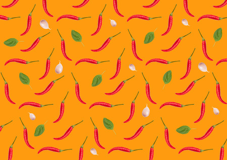 Seamless pattern red hot chili peppers on a orange backgroundの写真素材