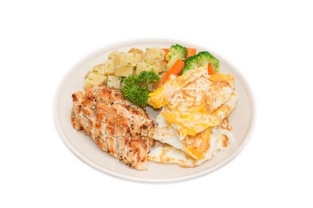 Diet food, Clean eating, Chicken steak and omelet with vegetableの写真素材