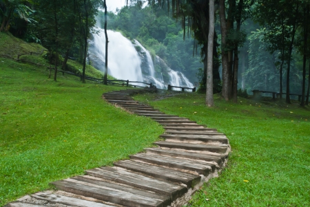 Path along the waterfall in forestの写真素材