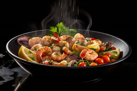 Shrimps with vegetables and herbs on a black plate on a black backgroundの素材