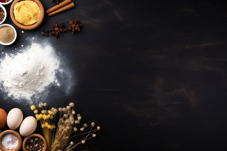 Baking background with flour, eggs, spices and herbs. Top view with copy spaceの素材
