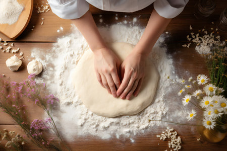 Female hands kneading dough on wooden table with flowers, top viewの素材