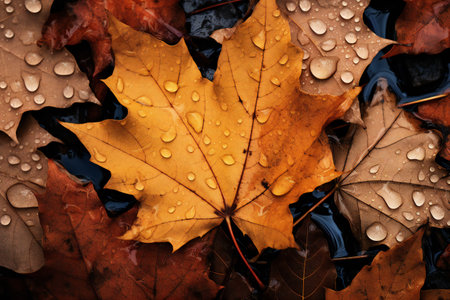 Autumn leaves with water drops, close up. Abstract background.の素材