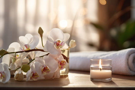 Spa still life with white orchid flowers and burning candle on wooden tableの素材