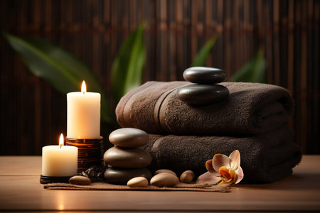 Spa still life with zen stones and candles on wooden backgroundの素材