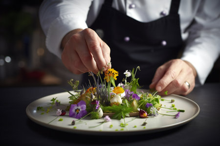Chef decorating salad with edible flowers on a plate in a restaurantの素材
