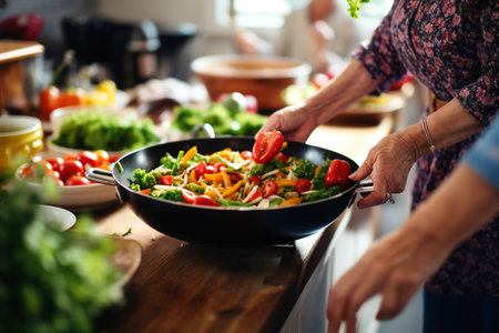 Closeup on hands of senior woman cooking salad in kitchen at homeの素材