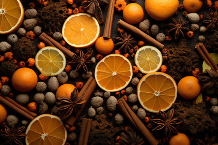 Citrus fruits and spices on a dark background, top viewの素材