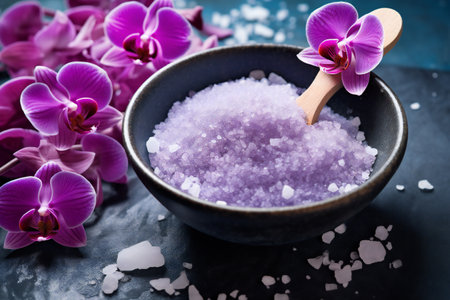 Spa still life with purple orchids and sea salt on a dark backgroundの素材