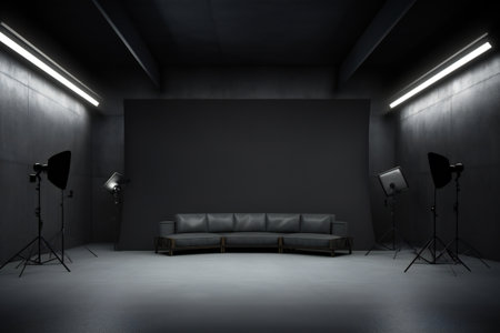Interior of modern photo studio with gray walls, concrete floor and black sofa. 3d renderingの素材