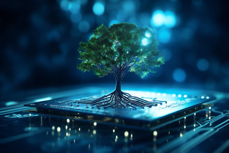 Conceptual image of green tree growing from electronic board. 3D renderingの素材