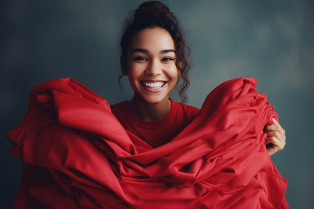 Portrait of a beautiful young woman wrapped in a red blanket.の素材
