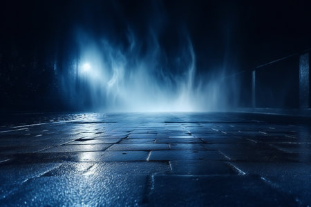 Dark street at night with lights and fog. Abstract background. Selective focusの素材