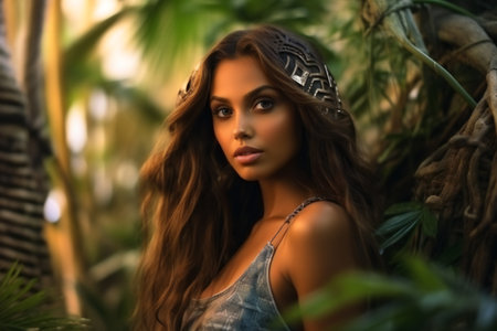 Portrait of a beautiful young brunette woman in the jungle.の素材