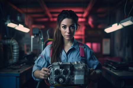 Portrait of a beautiful young woman mechanic working in a garage.の素材