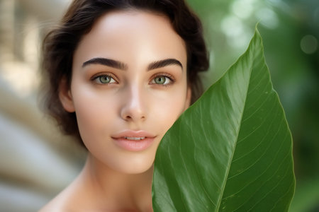 beauty, people and health concept - close up of beautiful young woman face with green leafの素材