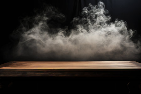 Wooden table in front of black background with clouds of smoke.の素材