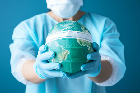 Doctor holding the world globe in hands. Save the planet concept.の素材