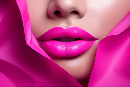 Beautiful female lips with pink glossy lipstick. Close-up.の素材