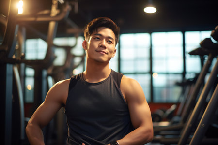 Portrait of young asian man in sportswear in gymの素材
