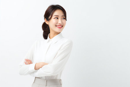 Portrait of a young asian business woman on white background.の素材