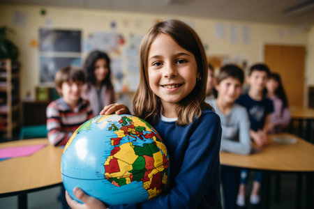 Portrait of smiling schoolgirl holding globe in classroom at elementary schoolの素材