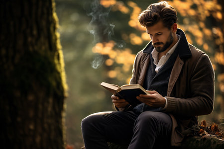 Young man reading a book in the autumn forest. Autumn concept.の素材