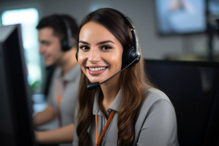 Portrait of smiling customer support phone operator in headset at call centerの素材