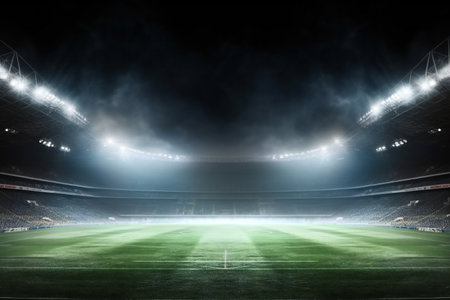 Soccer stadium at night with lights and flashes 3d render illustrationの素材
